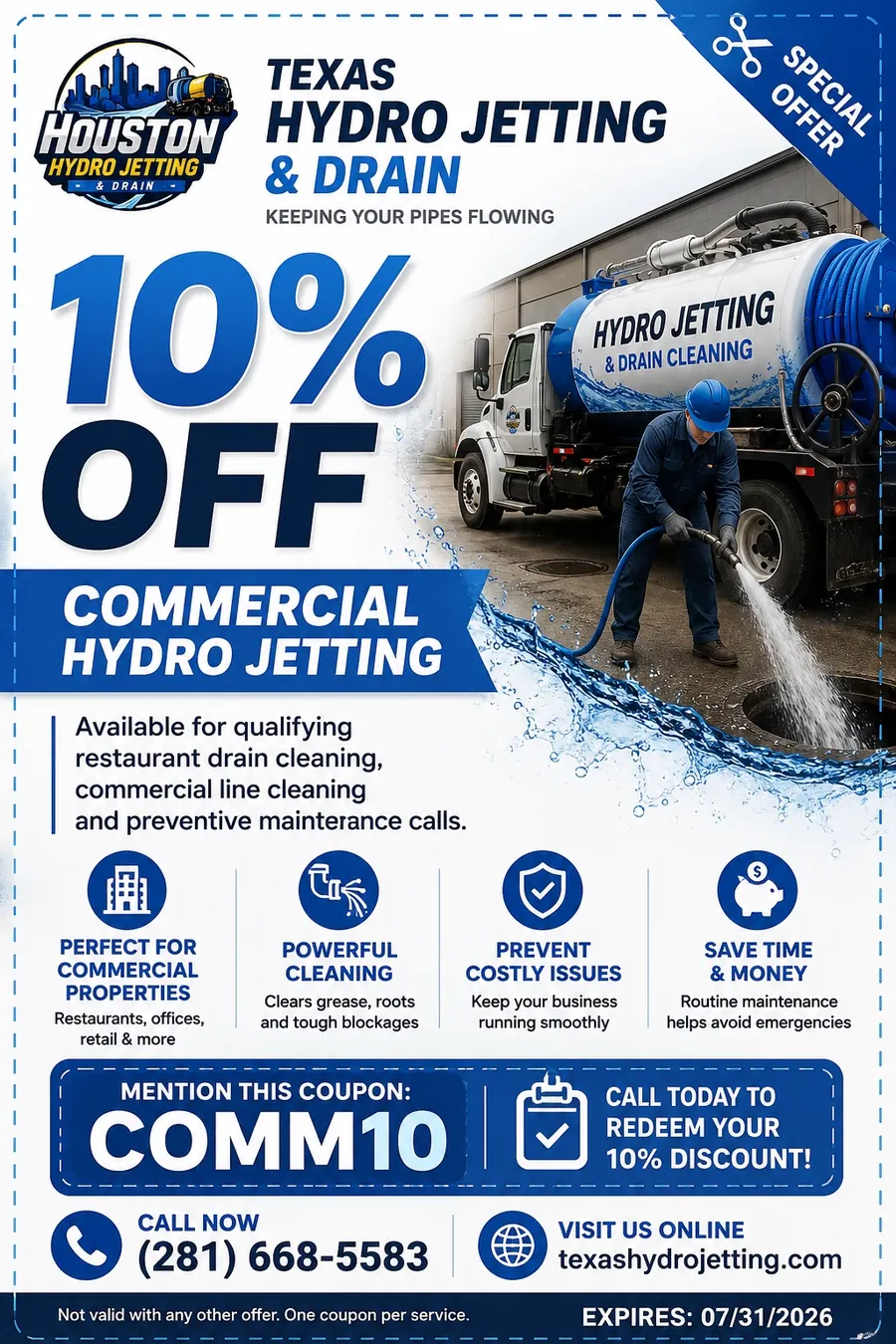 10% off commercial hydro jetting coupon code COMM10